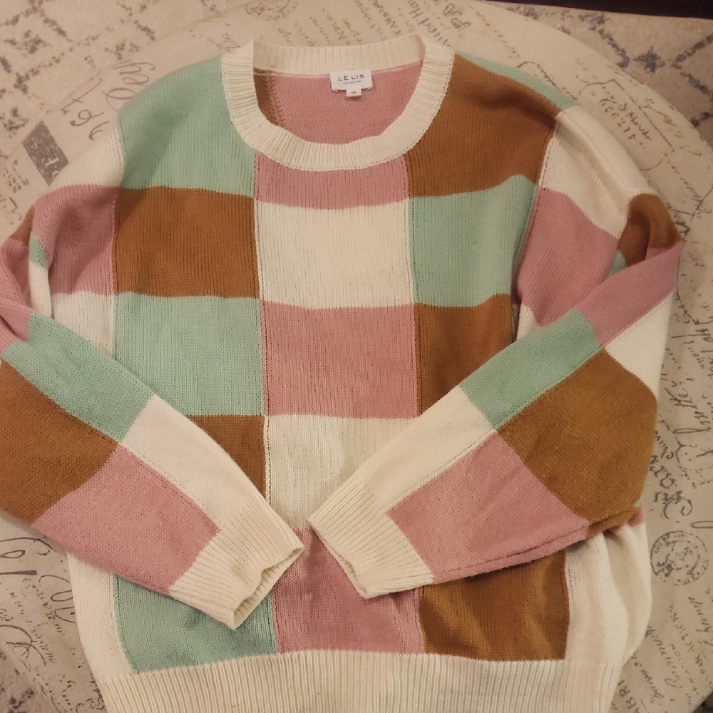 Le Lis Pink and Cream Crew Neck Sweater Soft Knit Casual
